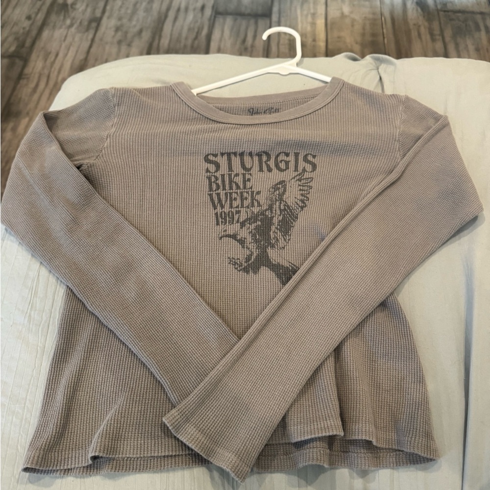 Brandy Melville Taupe Waffle Long-Sleeve Tee with Sturgis Graphic